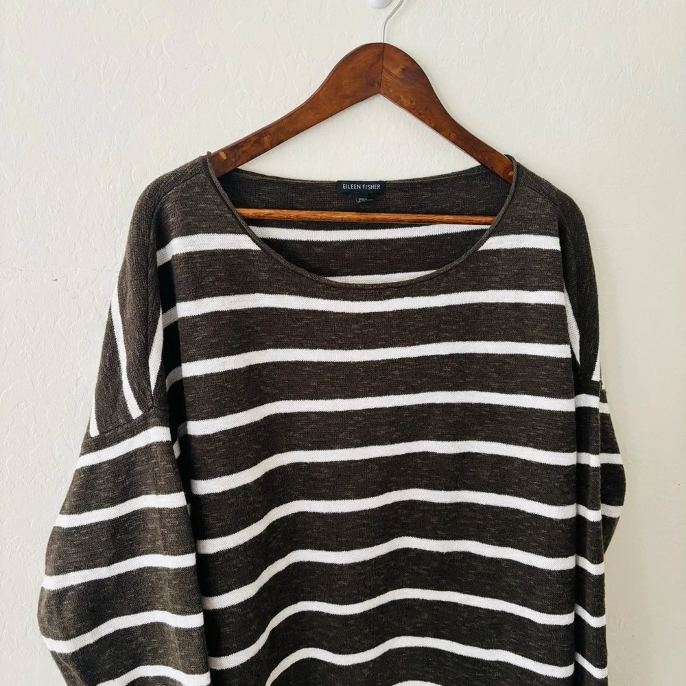 Eileen Fisher Dark Green‎ White Striped Knit Light Sweater Top Sz XL Linen Blend